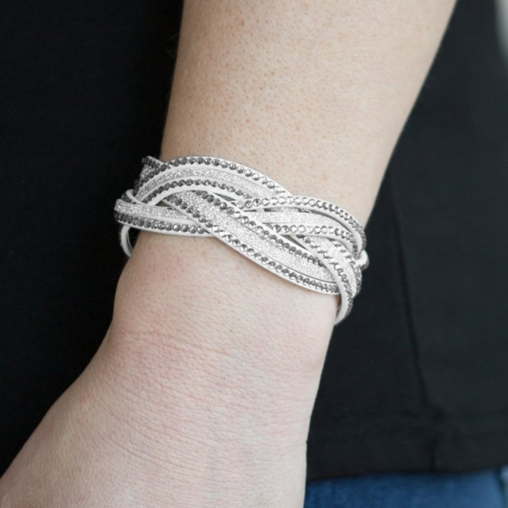 White Leather Braided Rhinestone Bracelet with snap closure
